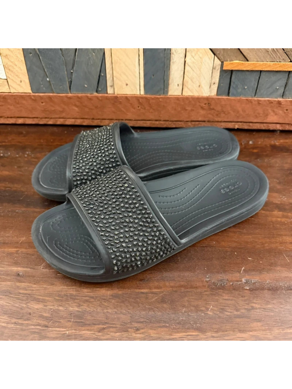 Crocs Sloane Embellished Slide Sandals Black Rhinestone Sparkle Women's Size 8